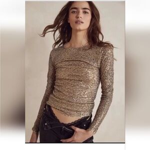 Free People Sequin Gold Long Sleeve Top